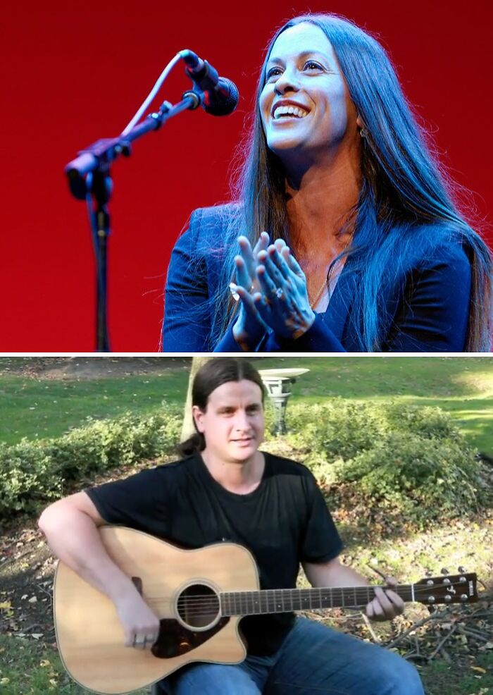 Female celebrity singer performing on stage and male celebrity twin playing guitar outdoors in natural setting.