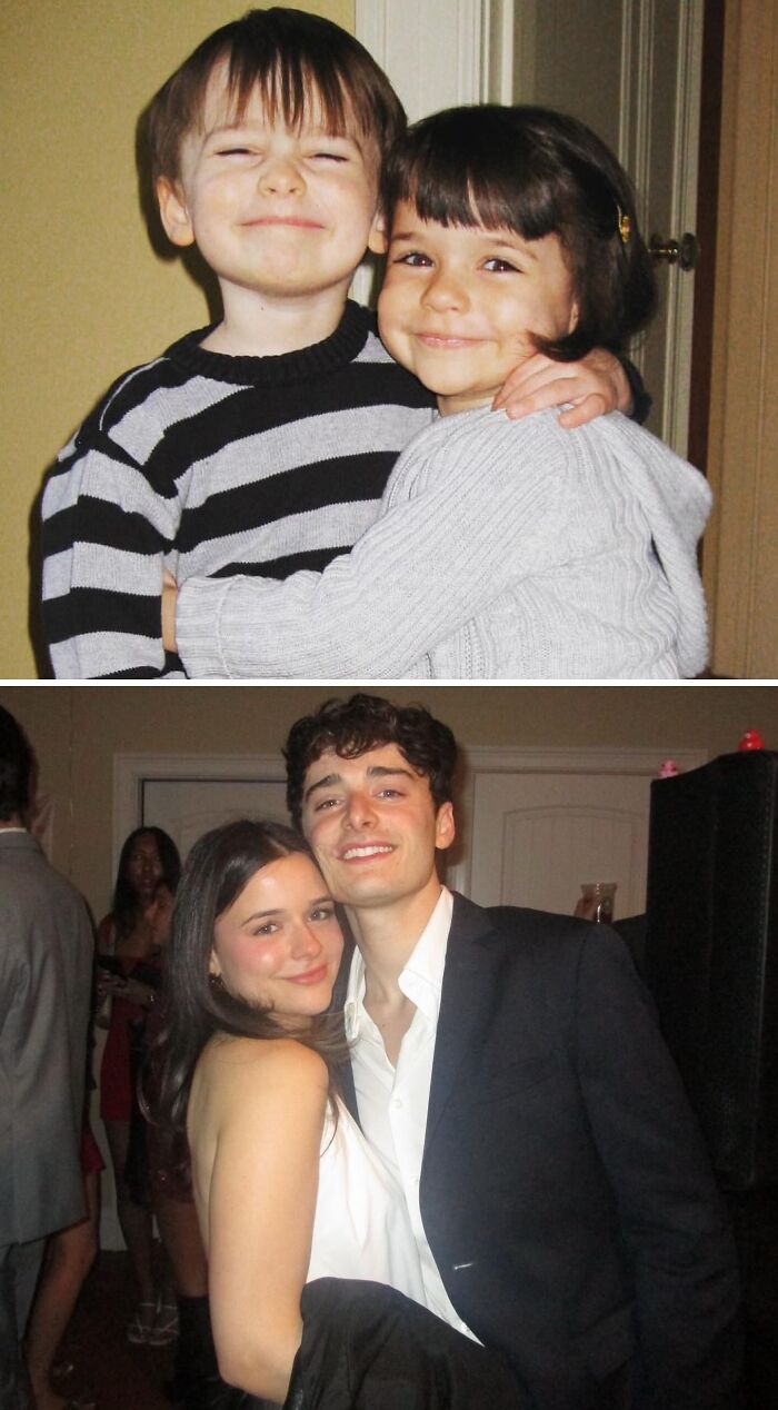 Two sets of celebrity twins at different ages, showing their close bond in casual and formal settings.