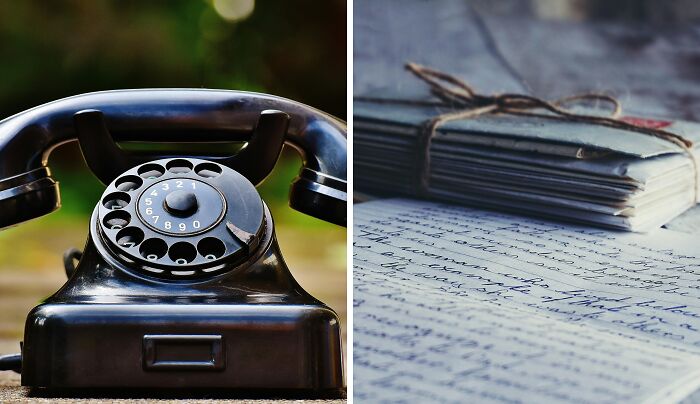 Vintage black rotary phone on left, stack of old tied letters with cursive writing on right for creepy Halloween poll.