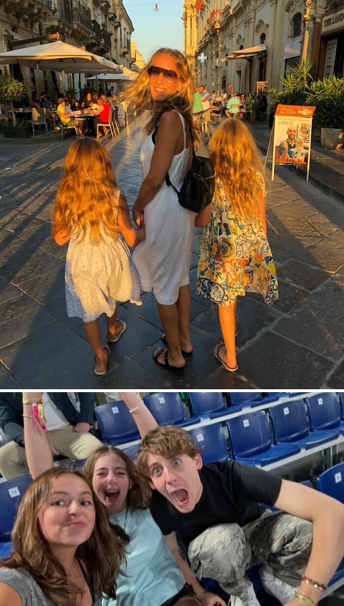 Woman with two blonde twins walking on a sunny street and a group of friends enjoying an event in stadium seats.
