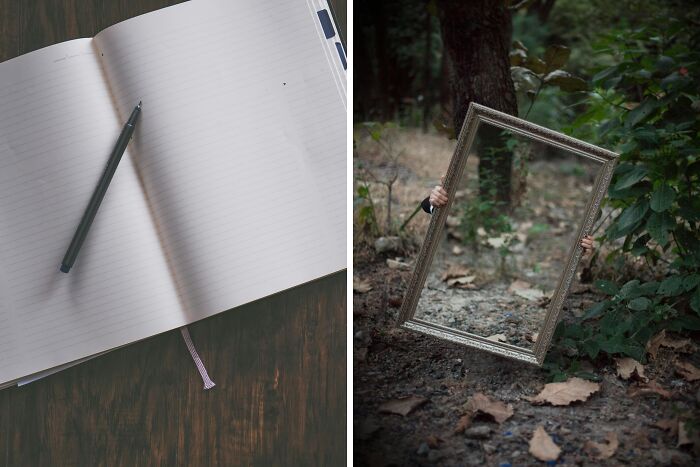 Open lined notebook with pen on dark wooden table, inviting participation in creepy Halloween-inspired poll.