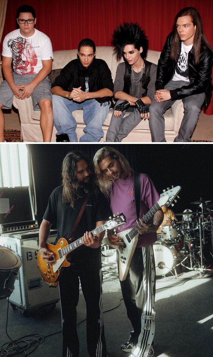 Two sets of celebrity twins posing on sofa and playing guitars together in casual and stage settings.