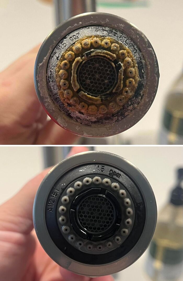 Before and after cleaning photos showing a close-up of a heavily clogged then spotless faucet aerator.