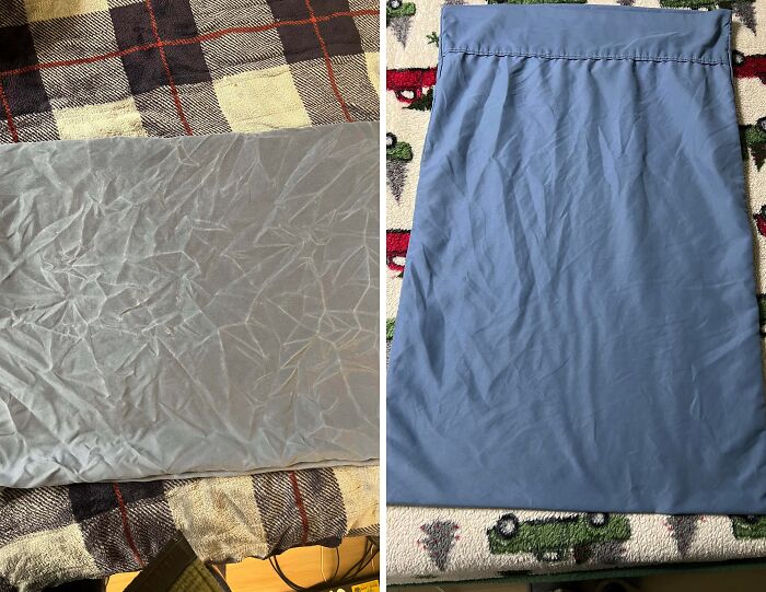 Before and after cleaning photos showing a wrinkled gray pillowcase transformed into a smooth clean fabric.