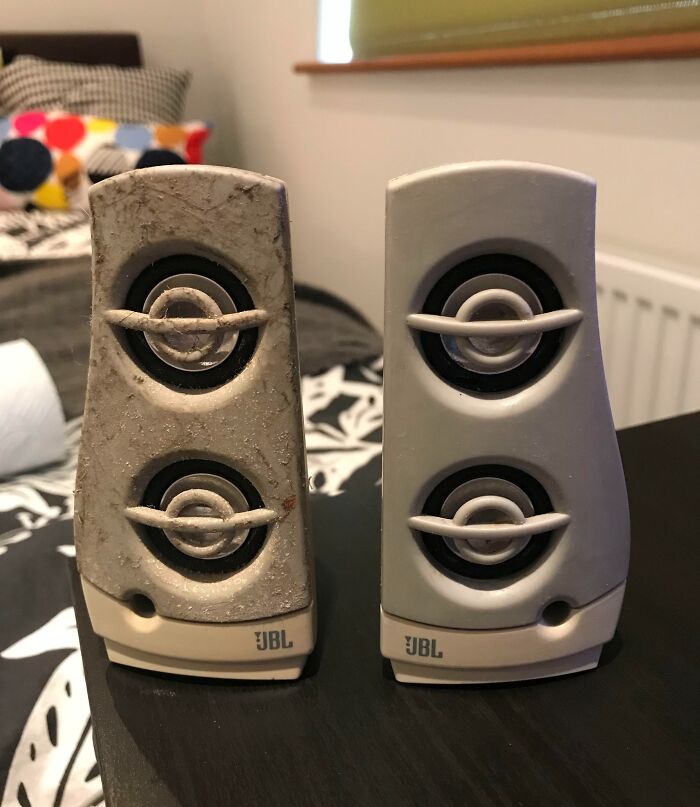 Side-by-side before and after cleaning photos showing a very dirty and a spotless JBL speaker on a table.