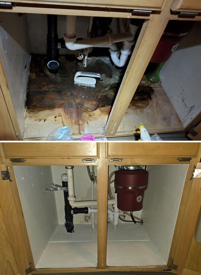 Before and after cleaning photos showing a kitchen cabinet under the sink with pipes and surface stains removed.