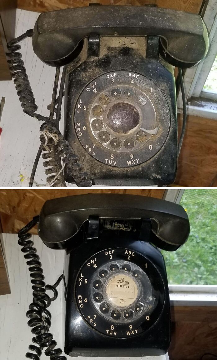 Before and after cleaning photos showing a restored vintage rotary phone with dust removed and polished surface.
