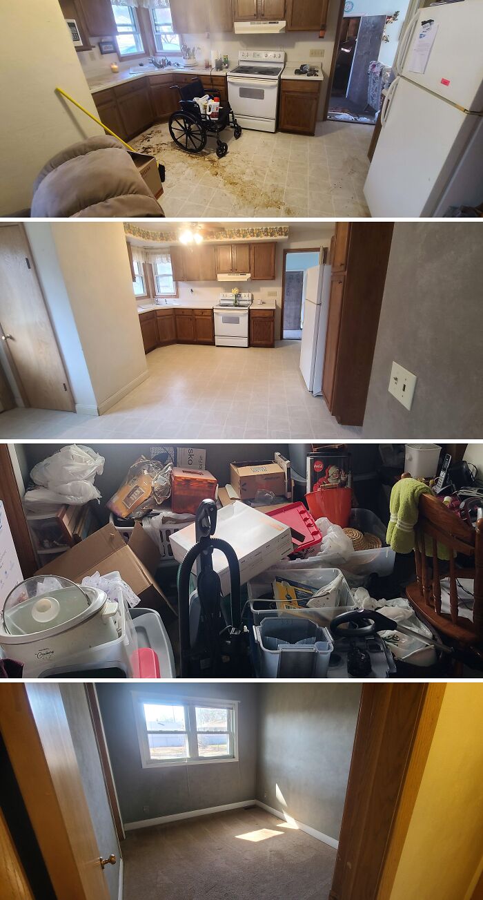 Before and after cleaning photos showing a kitchen and cluttered room transformed into neat, clean, and organized spaces.