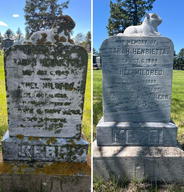Before and after cleaning photos showing a restored gravestone with moss removed and clearer inscriptions outdoors.