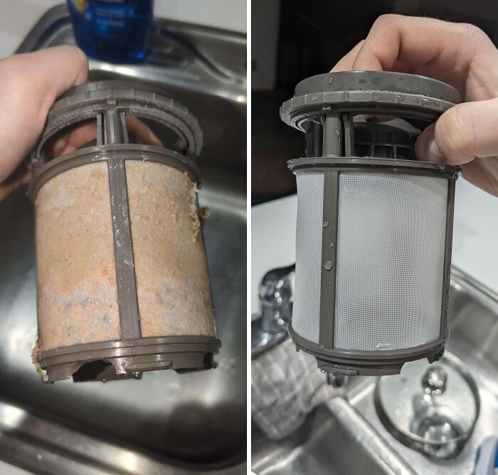 Before and after cleaning photos showing a heavily clogged filter transformed to a spotless, clean filter.