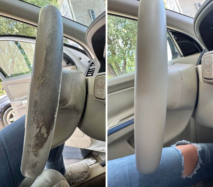Before and after cleaning photos showing a heavily cleaned and restored car steering wheel surface.