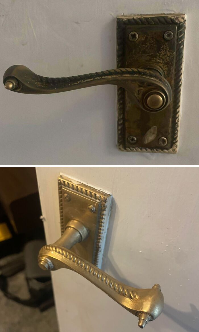 Before and after cleaning photos showing a polished brass door handle restored from tarnished to shiny condition.