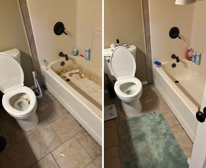 Before and after cleaning photo of a bathroom showing a transformed toilet and bathtub with spotless surfaces.
