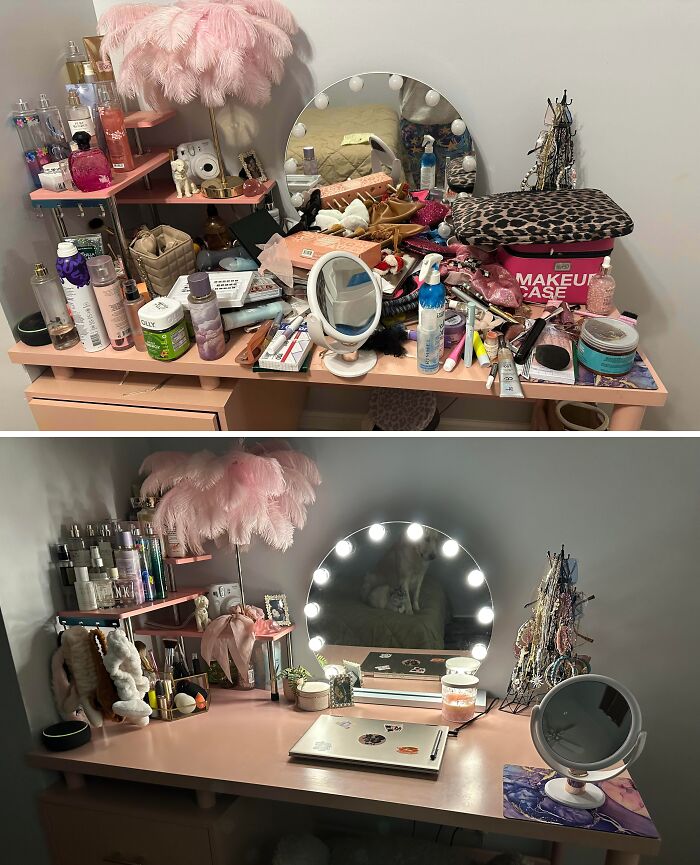 Before and after cleaning photos showing a makeup vanity transformed from cluttered to neat and organized with accessories.
