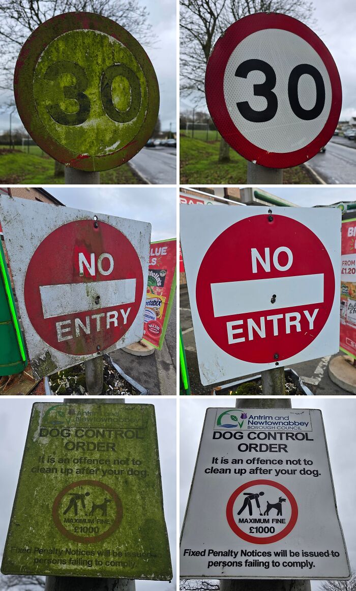 Before and after cleaning photos showing restored clarity and brightness on road and dog control order signs.