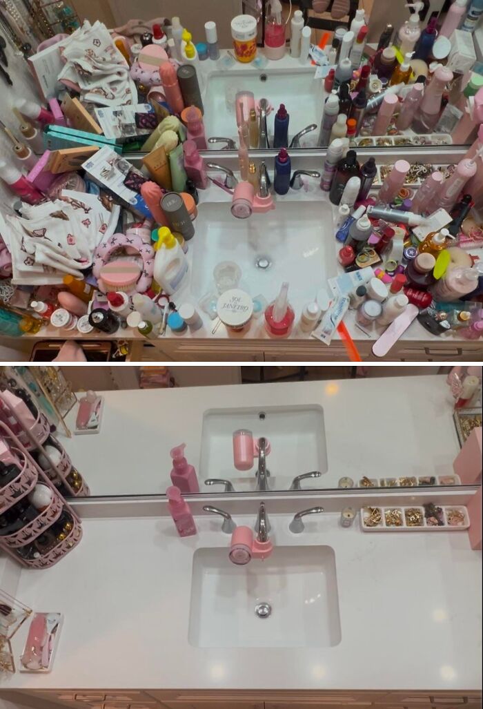 Bathroom countertop before and after cleaning with cluttered bottles and clear, organized space around the sink.