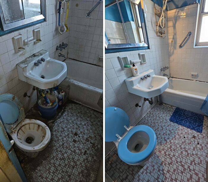 Before and after cleaning photos showing a bathroom transformation with a spotless sink, toilet, and bathtub.