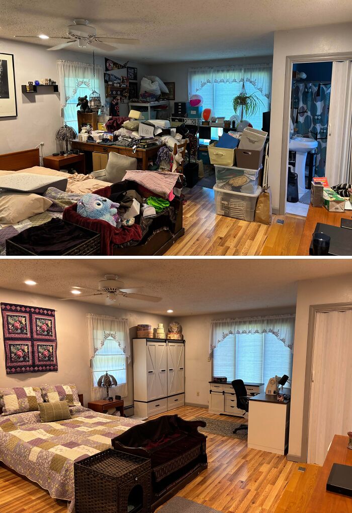 Before and after cleaning photos showing a cluttered bedroom transformed into a neat, organized, and tidy space.