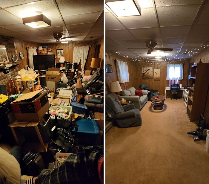 Before and after cleaning photos showing a cluttered room transformed into a neat and organized living space.