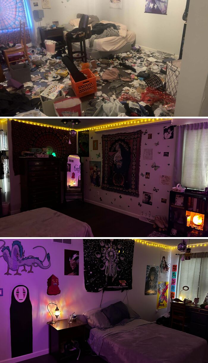 Before and after cleaning photos showing a messy bedroom transformed into a tidy, decorated, and cozy living space.
