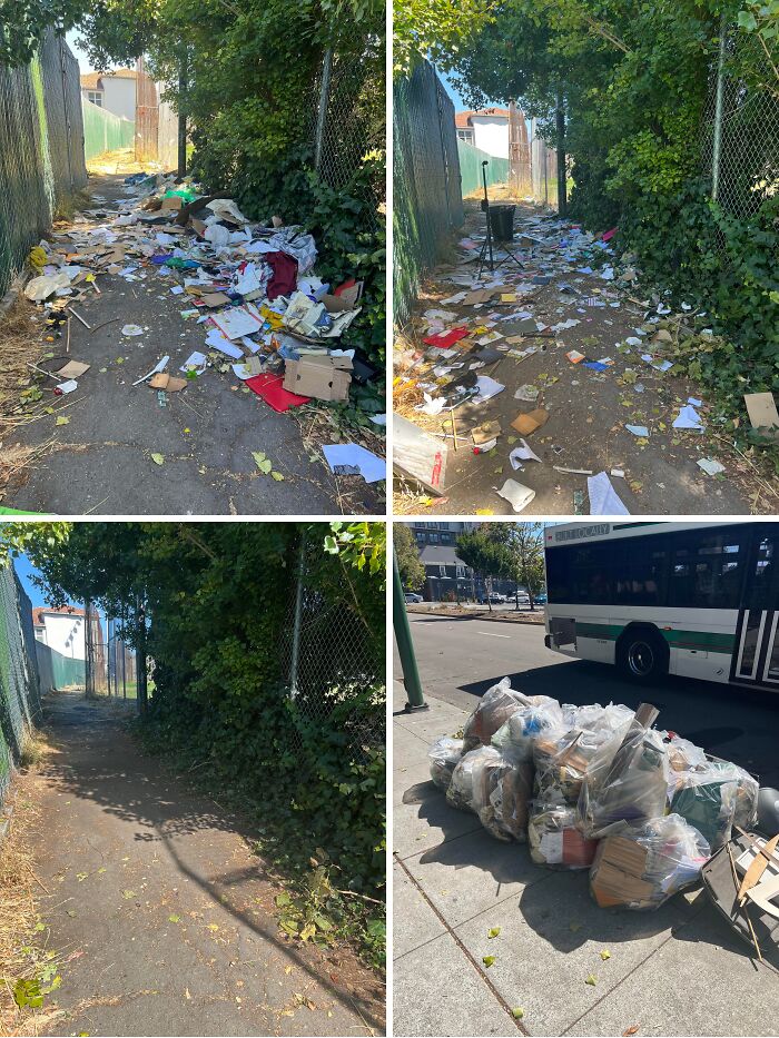 Alleyway before and after cleaning with piles of trash removed and collected in garbage bags near a city bus stop