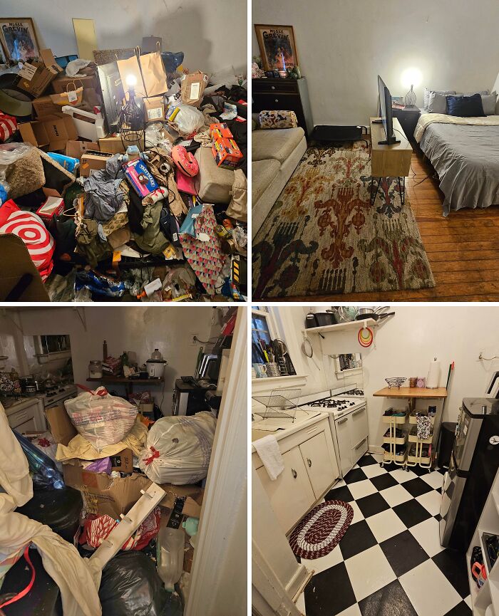 Before and after cleaning photos showing cluttered and messy rooms transformed into neat, organized living spaces.