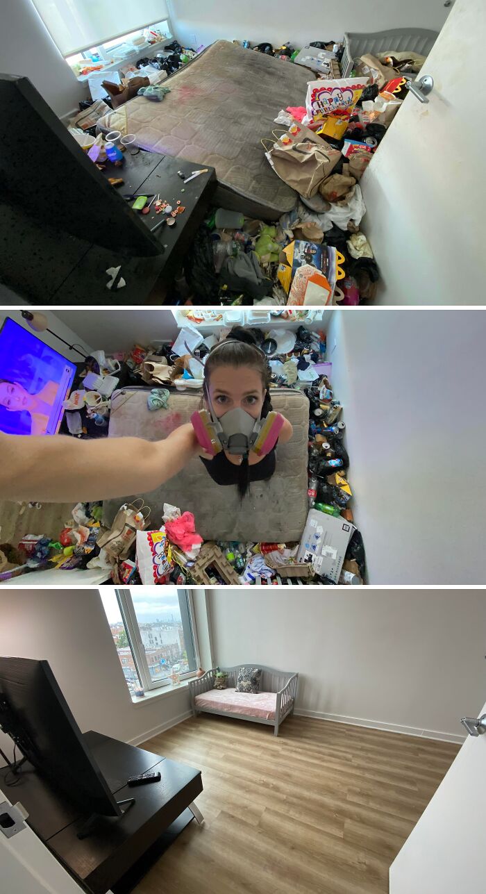 Before and after cleaning photos showing a cluttered room transformed into a spotless, organized living space.