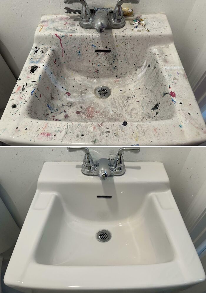 Before and after cleaning photos showing a paint-splattered sink restored to a spotless, like-new condition.