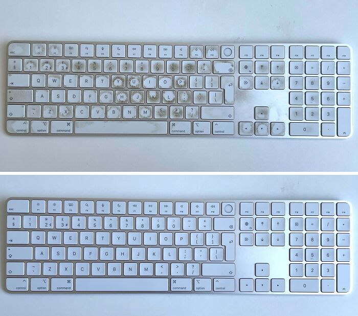 Before and after cleaning photos showing a white keyboard with dirty keys transformed to spotless and clean keys.