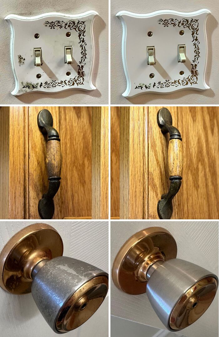 Before and after cleaning photos showing a switch plate, cabinet handle, and door k**b restored to shiny condition.