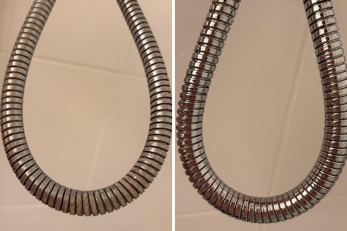 Before and after cleaning photos showing a metal shower hose drastically improved by removing grime and rust buildup.