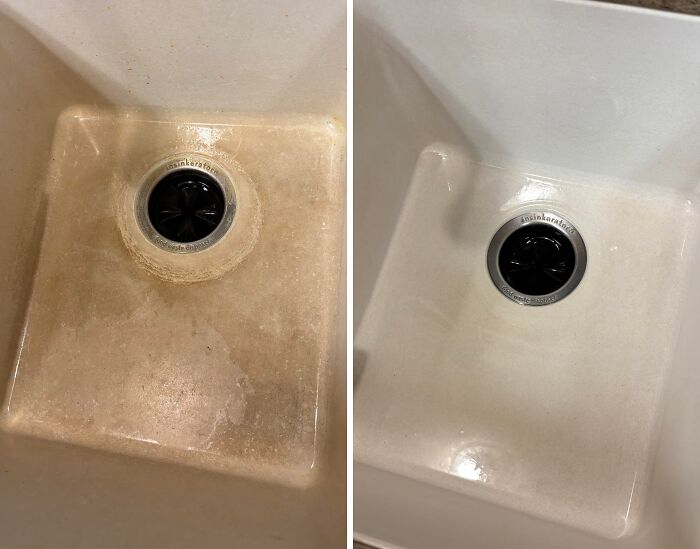 Before and after cleaning photos showing a heavily stained sink transformed into a sparkling clean sink.