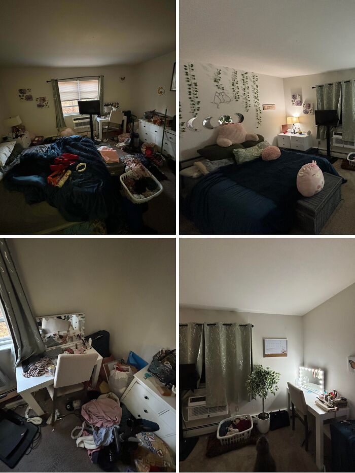 Before and after cleaning photos showing a transformed bedroom with organized and tidy living space.