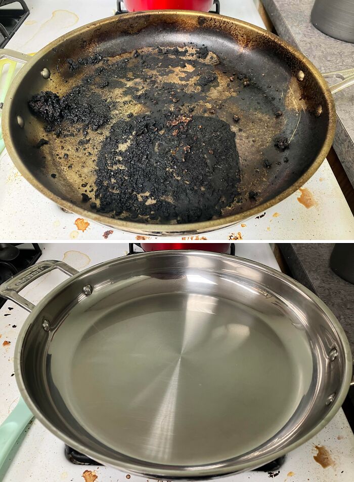 Before and after cleaning photos showing a burnt pan transformed into a shiny, spotless stainless steel frying pan.