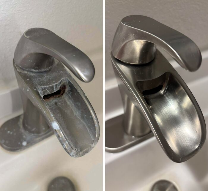 Before and after cleaning photos showing a stainless steel faucet transformed from dirty to shiny and spotless.
