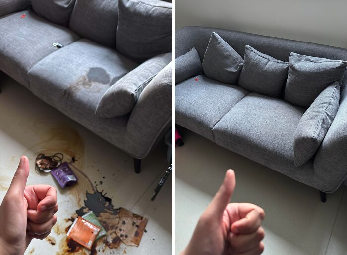 Before and after cleaning photos showing a stained sofa and floor transformed to spotless and tidy condition.
