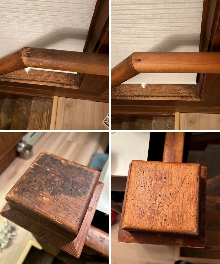 Before and after cleaning photos showing wooden surfaces restored from dirty and worn to clean and polished finish.