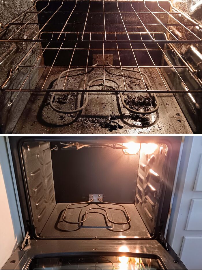 Before and after cleaning photos showing a severely dirty oven interior transformed into a spotless state.