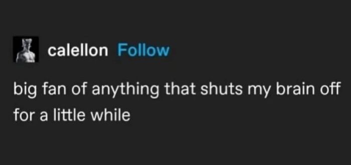 Text meme from Memes to Discuss in Therapy page saying big fan of anything that shuts my brain off for a little while, relatable meme.