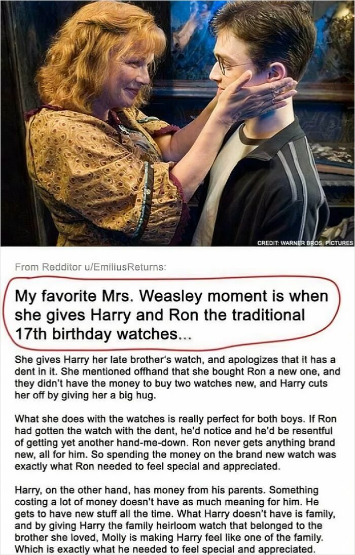 Mrs. Weasley giving Harry a family heirloom watch, a touching moment in Harry Potter memes about Gryffindor coziness.