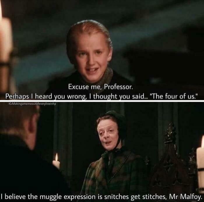 Draco Malfoy and Madam Pomfrey in a Harry Potter meme referencing snitches and stitches humor in the Gryffindor common room.