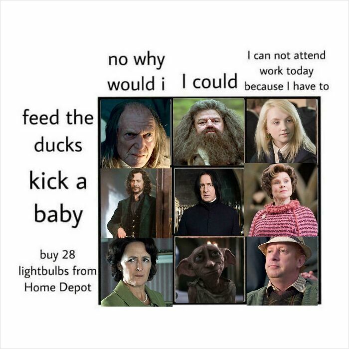 Harry Potter memes featuring characters with humorous excuses for not attending work, perfect for cozy Gryffindor moments.