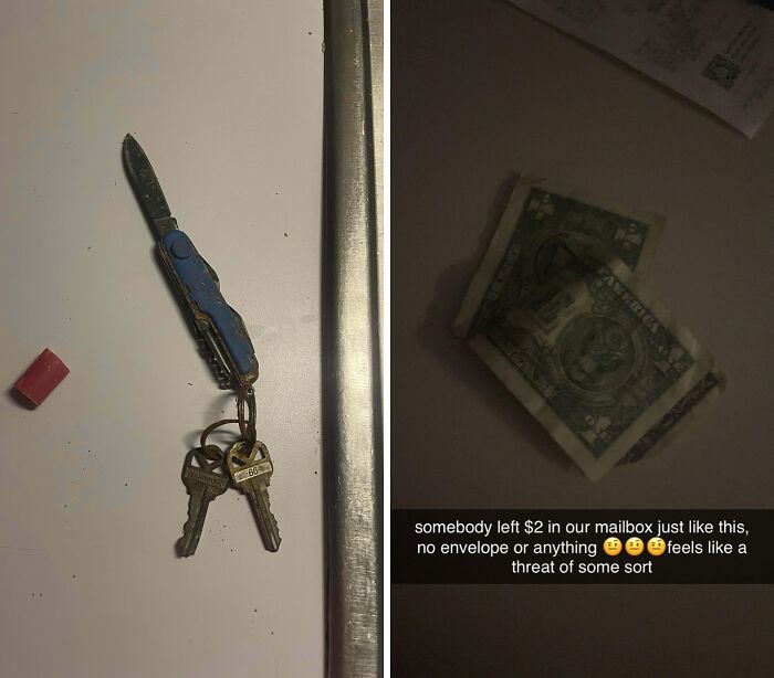 A mysterious note with two keys and a $2 bill left in a mailbox, an unexplained and intriguing sight from this interesting group.