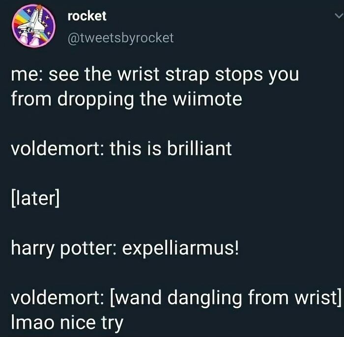 Harry Potter meme showing a humorous exchange about Voldemort's wand dangling from his wrist.