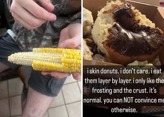 Close-up of hands peeling corn and a donut with frosting and crust highlighted, showcasing some things just cannot be explained.