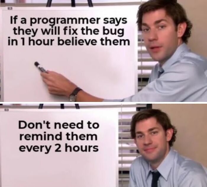Man in office shirt pointing to whiteboard with programming meme about fixing bugs and reminders in computer science.