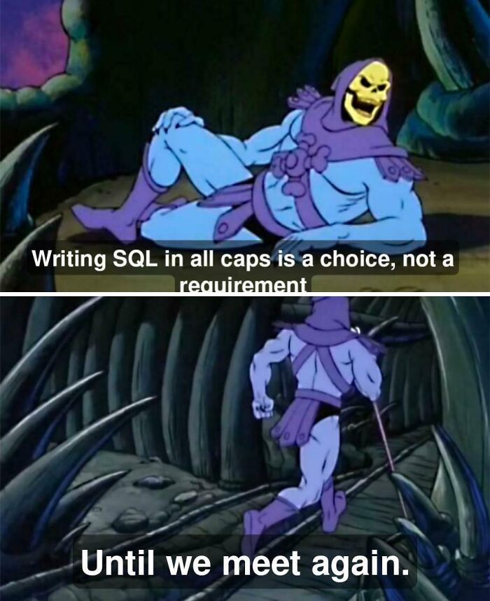 Skeletor meme about programming humor, featuring SQL coding style choice and a farewell message in a dark cave setting.
