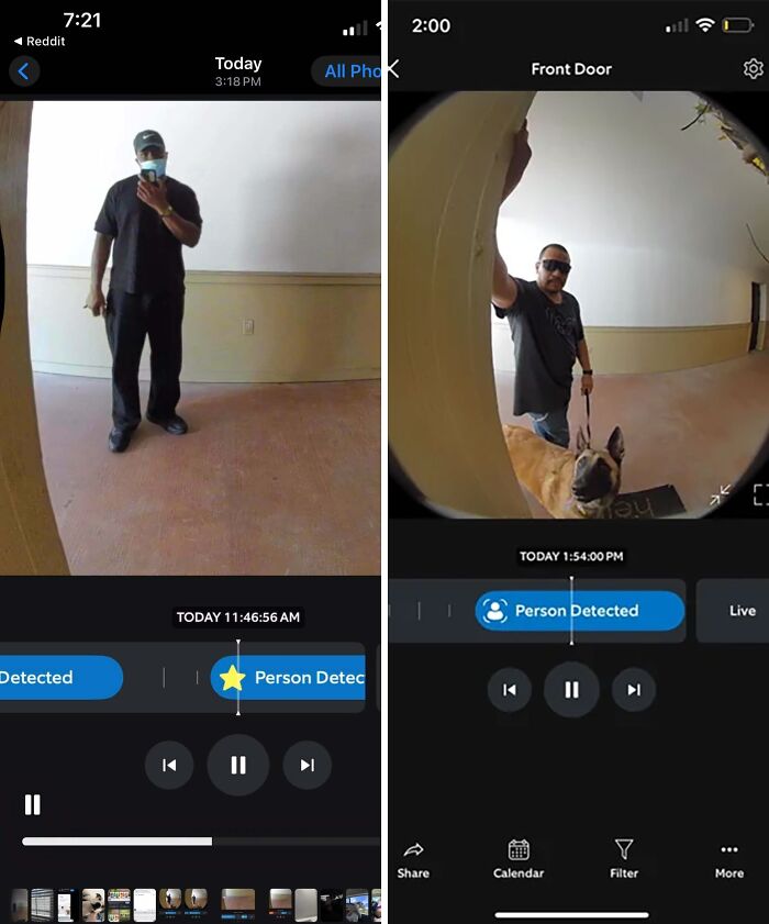 Split screen showing security camera footage of a man wearing sunglasses with a dog and a masked man inside a building, unusual group moments.