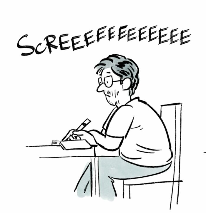 Man with glasses drawing comics at a table, with screeching sound effect above, relatable comics by New Yorker cartoonist.