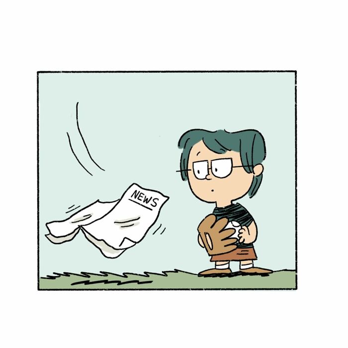 Cartoon character with glasses catching a flying newspaper in a baseball glove in a clever relatable comic style.